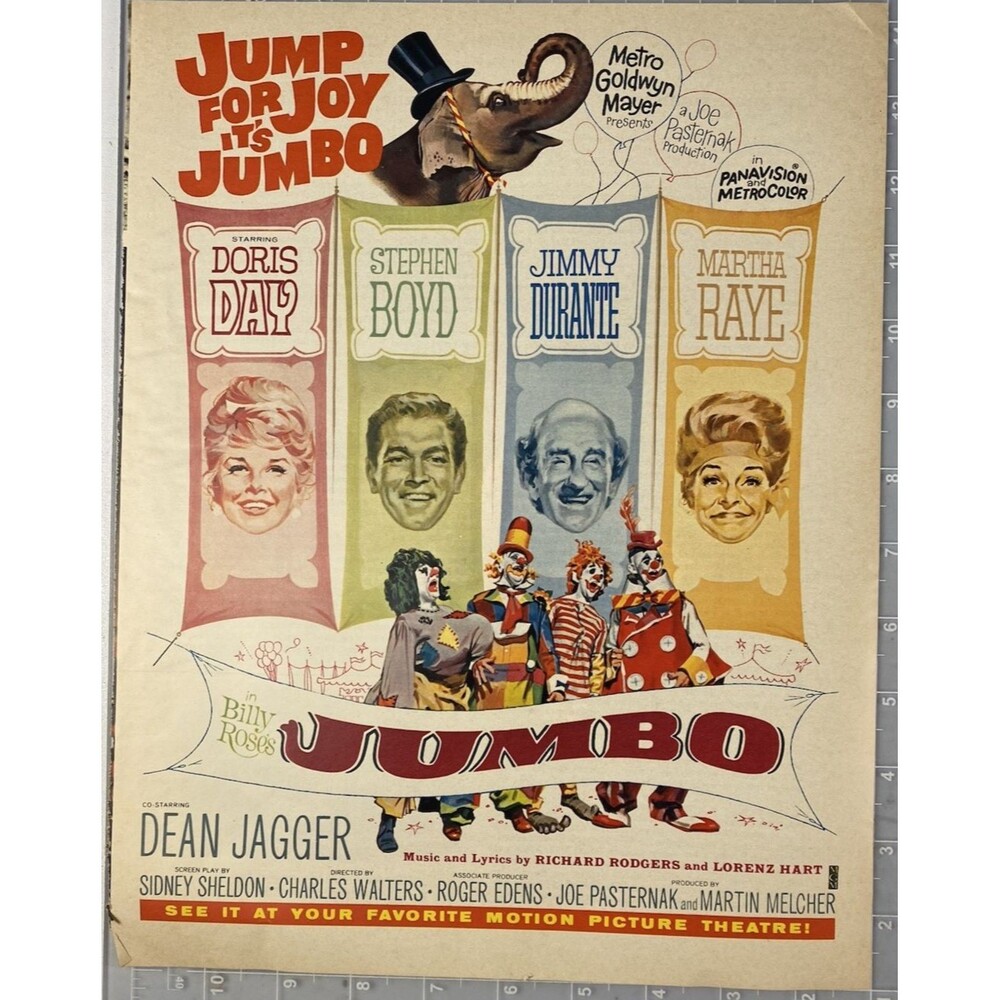 JUMBO" Movie Vintage Print Ad Circa 1962 Doris Day-Steven Boyd-Jimmy Durante